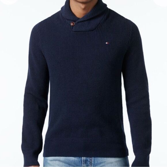 Tommy Hilfiger Harrington Shawl Collar Sweater Navy Blue Large Cotton - Picture 1 of 12